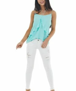 NAKED ZEBRA Turquoise Halter Neckline Sleeveless Woven Ruffle Camisole 21 NAKED ZEBRA Turquoise Halter Neckline Sleeveless Woven Ruffle Camisole