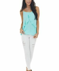 NAKED ZEBRA Turquoise Halter Neckline Sleeveless Woven Ruffle Camisole