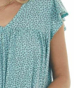 HESED Turquoise Leopard Print Babydoll Knit Top