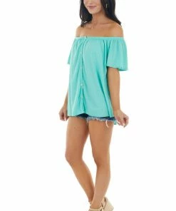 143 Story Tops Turquoise Off The Shoulder Button Down Textured Knit Top