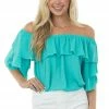 HESED Turquoise Off The Shoulder Ruffle Sleeve Blouse