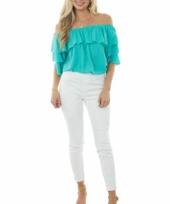 HESED Turquoise Off The Shoulder Ruffle Sleeve Blouse