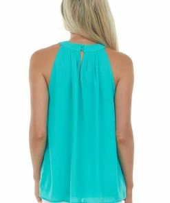 Vanilla Bay Tops Turquoise Pleated Halter Neck Keyhole Blouse