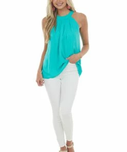 Vanilla Bay Tops Turquoise Pleated Halter Neck Keyhole Blouse