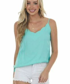 143 Story Turquoise Scalloped Woven Top With Side Slits Tops
