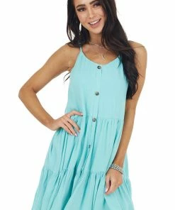 Staccato Dresses Turquoise Sleeveless Button Down Tiered Dress With V Neck