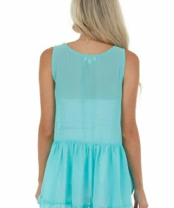 Umgee Turquoise Sleeveless Sheer Tank Top With Lace Tops 16 Umgee Turquoise Sleeveless Sheer Tank Top With Lace Tops