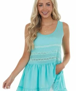 Umgee Turquoise Sleeveless Sheer Tank Top With Lace Tops 12 Umgee Turquoise Sleeveless Sheer Tank Top With Lace Tops