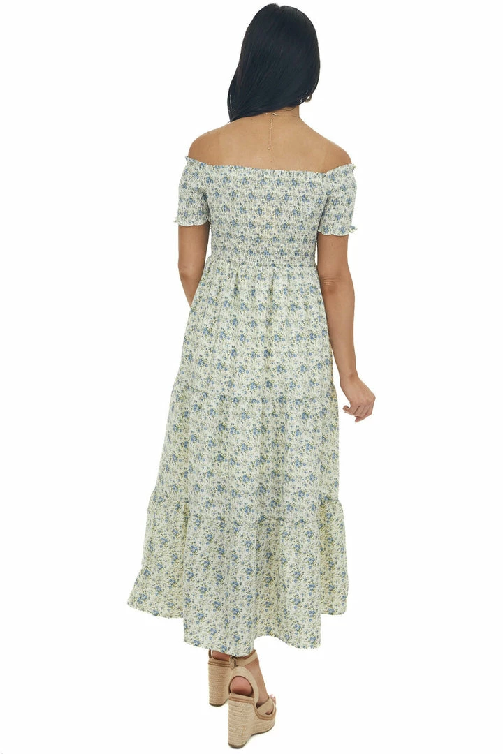 Entro Vanilla Floral Smocked Cap Sleeve Midi Dress Dresses 8 Entro Vanilla Floral Smocked Cap Sleeve Midi Dress Dresses