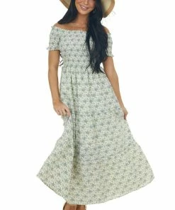 Entro Vanilla Floral Smocked Cap Sleeve Midi Dress Dresses 12 Entro Vanilla Floral Smocked Cap Sleeve Midi Dress Dresses