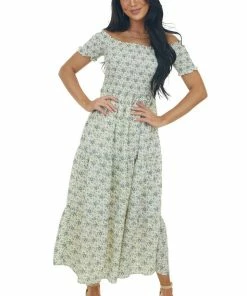 Entro Vanilla Floral Smocked Cap Sleeve Midi Dress Dresses 10 Entro Vanilla Floral Smocked Cap Sleeve Midi Dress Dresses