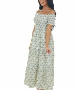 Entro Vanilla Floral Smocked Cap Sleeve Midi Dress Dresses 13 Entro Vanilla Floral Smocked Cap Sleeve Midi Dress Dresses