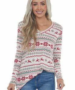 HEIMISH Vanilla Holiday Print V Neck Knit Top Tops