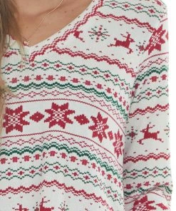 HEIMISH Vanilla Holiday Print V Neck Knit Top Tops