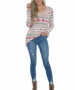 HEIMISH Vanilla Holiday Print V Neck Knit Top Tops