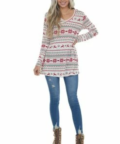 HEIMISH Vanilla Holiday Print V Neck Knit Top Tops