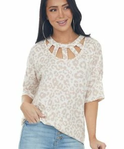 Lovely J Tops Vanilla Leopard Print Knit Tee With Cut Out Neckline Detail