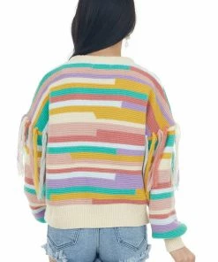 Cezele Vanilla Multi Colorblock Tassel Trim Sweater