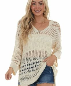 BiBi Tops Vanilla Notch Neck Low Gauge Sweater