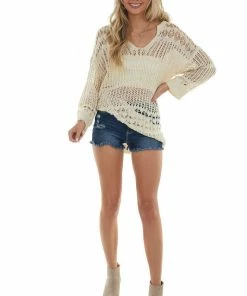 BiBi Tops Vanilla Notch Neck Low Gauge Sweater 22 BiBi Tops Vanilla Notch Neck Low Gauge Sweater