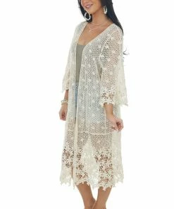 143 Story Vanilla Open Crochet 3/4 Sleeve Duster Kimono Tops