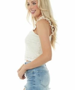143 Story Vanilla Ruffle Strap Sweater Knit Crop Top Tops