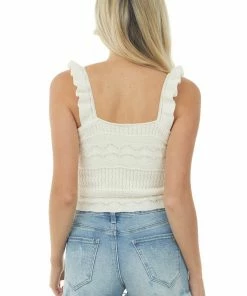 143 Story Vanilla Ruffle Strap Sweater Knit Crop Top Tops