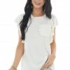 Ces Femme Vanilla Short Ruffled Sleeve Knit Top With Ruffled Pocket Tops