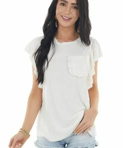 Ces Femme Vanilla Short Ruffled Sleeve Knit Top With Ruffled Pocket Tops