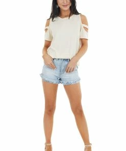 Vanilla Bay Tops Vanilla Short Sleeve Stretchy Knit Top With Cold Shoulder