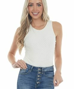 Entro Tops Vanilla Weave Texture Stretchy Knit Tank Top
