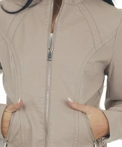 Coalition Taupe Faux Leather Zip Up Racer Jacket 18 Coalition Taupe Faux Leather Zip Up Racer Jacket