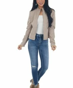 Coalition Taupe Faux Leather Zip Up Racer Jacket