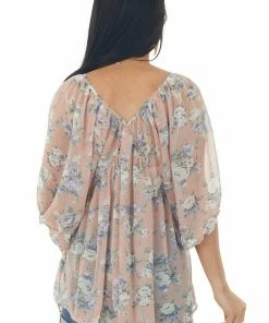Lovely J Tops Vintage Blush Floral Print V Neck Babydoll Flowy Blouse