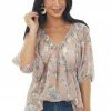 Lovely J Tops Vintage Blush Floral Print V Neck Babydoll Flowy Blouse