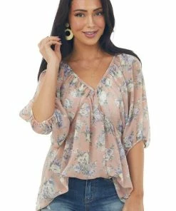 Lovely J Tops Vintage Blush Floral Print V Neck Babydoll Flowy Blouse