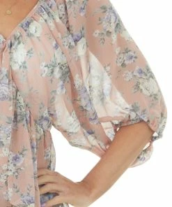 Lovely J Tops Vintage Blush Floral Print V Neck Babydoll Flowy Blouse