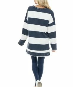Cezele Vintage Navy And White Striped Print Long Sleeve Knit Top 21 Cezele Vintage Navy And White Striped Print Long Sleeve Knit Top