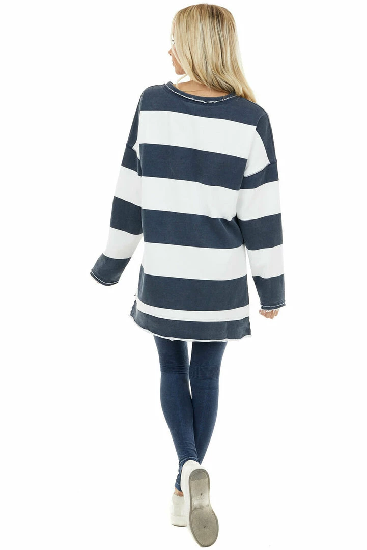 Cezele Vintage Navy And White Striped Print Long Sleeve Knit Top 8 Cezele Vintage Navy And White Striped Print Long Sleeve Knit Top