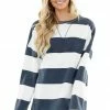 Cezele Vintage Navy And White Striped Print Long Sleeve Knit Top