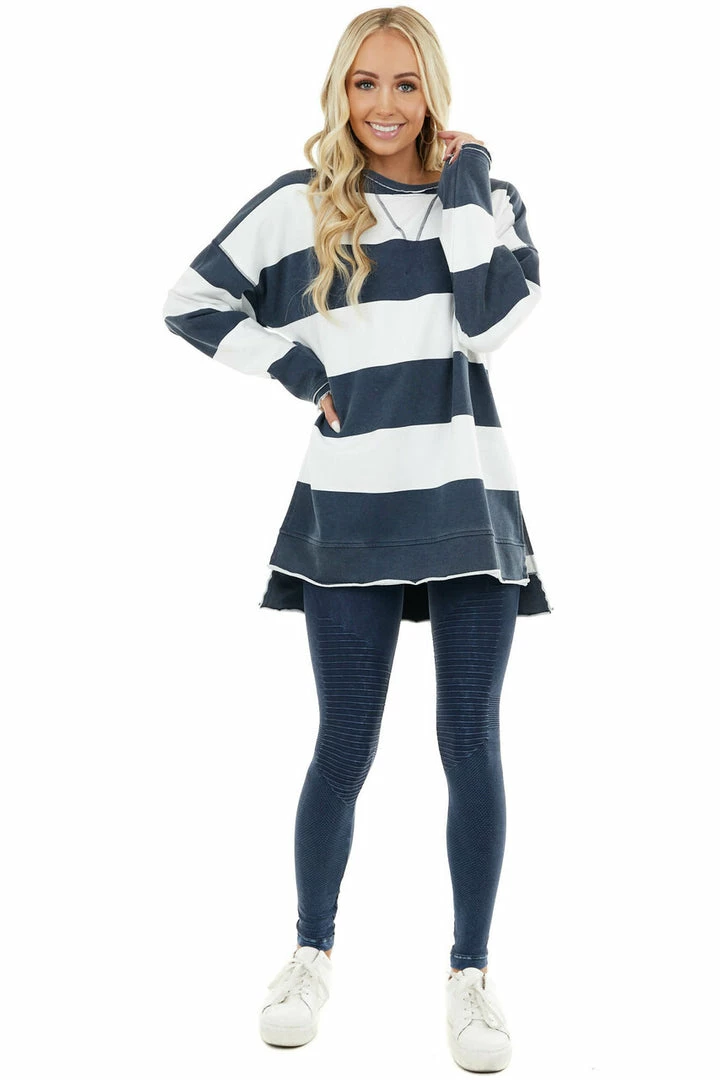 Cezele Vintage Navy And White Striped Print Long Sleeve Knit Top 6 Cezele Vintage Navy And White Striped Print Long Sleeve Knit Top
