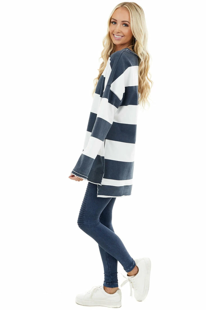 Cezele Vintage Navy And White Striped Print Long Sleeve Knit Top 7 Cezele Vintage Navy And White Striped Print Long Sleeve Knit Top