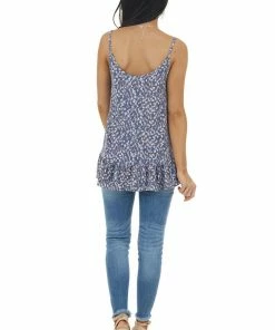 Ces Femme Vintage Navy Printed Sleeveless Knit Top With Ruffle Hemline