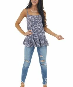 Ces Femme Vintage Navy Printed Sleeveless Knit Top With Ruffle Hemline