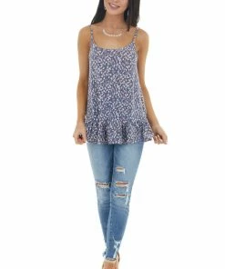 Ces Femme Vintage Navy Printed Sleeveless Knit Top With Ruffle Hemline