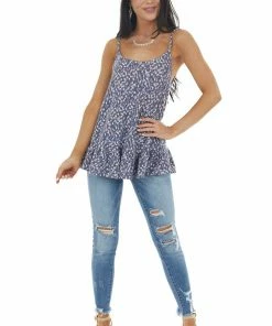 Ces Femme Vintage Navy Printed Sleeveless Knit Top With Ruffle Hemline