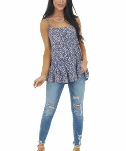 Ces Femme Vintage Navy Printed Sleeveless Knit Top With Ruffle Hemline