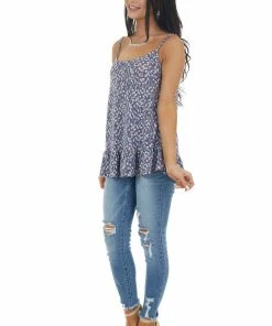 Ces Femme Vintage Navy Printed Sleeveless Knit Top With Ruffle Hemline