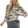 Lime 'N' Chili Tops Vintage Olive Camo Waffle Knit Top With 3/4 Sleeves