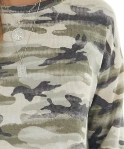 Lime 'N' Chili Tops Vintage Olive Camo Waffle Knit Top With 3/4 Sleeves